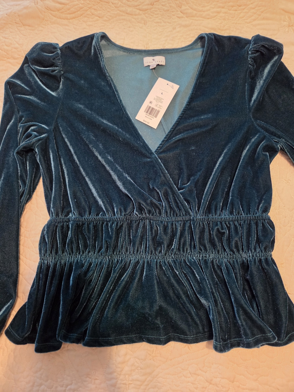 True Craft Teal Velvet Wrap Peplum Blouse